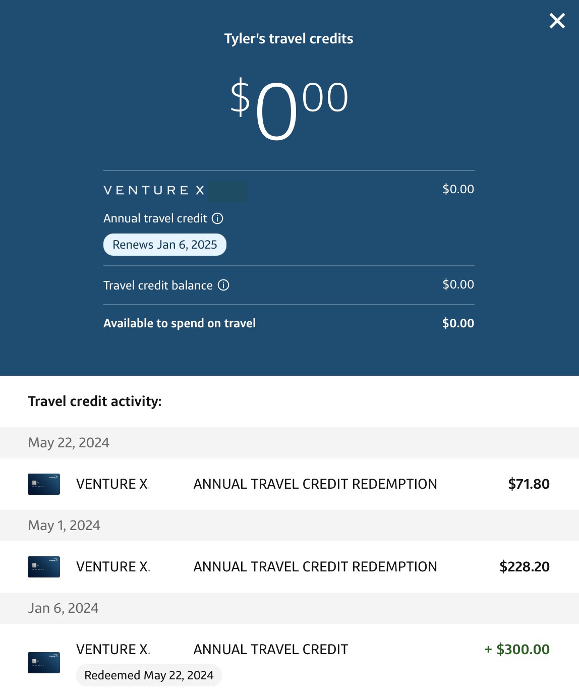 Screenshot of Venture X Travel Credit Details pop-up, displaying remaining balance and &quot;View Activity&quot; button.