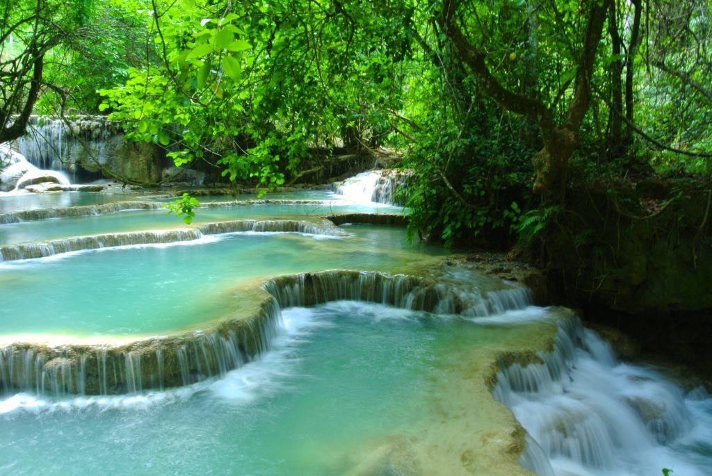 Kuang Si Falls, Luang Prabang, Laos, a popular tourist attraction and inexpensive place to travel