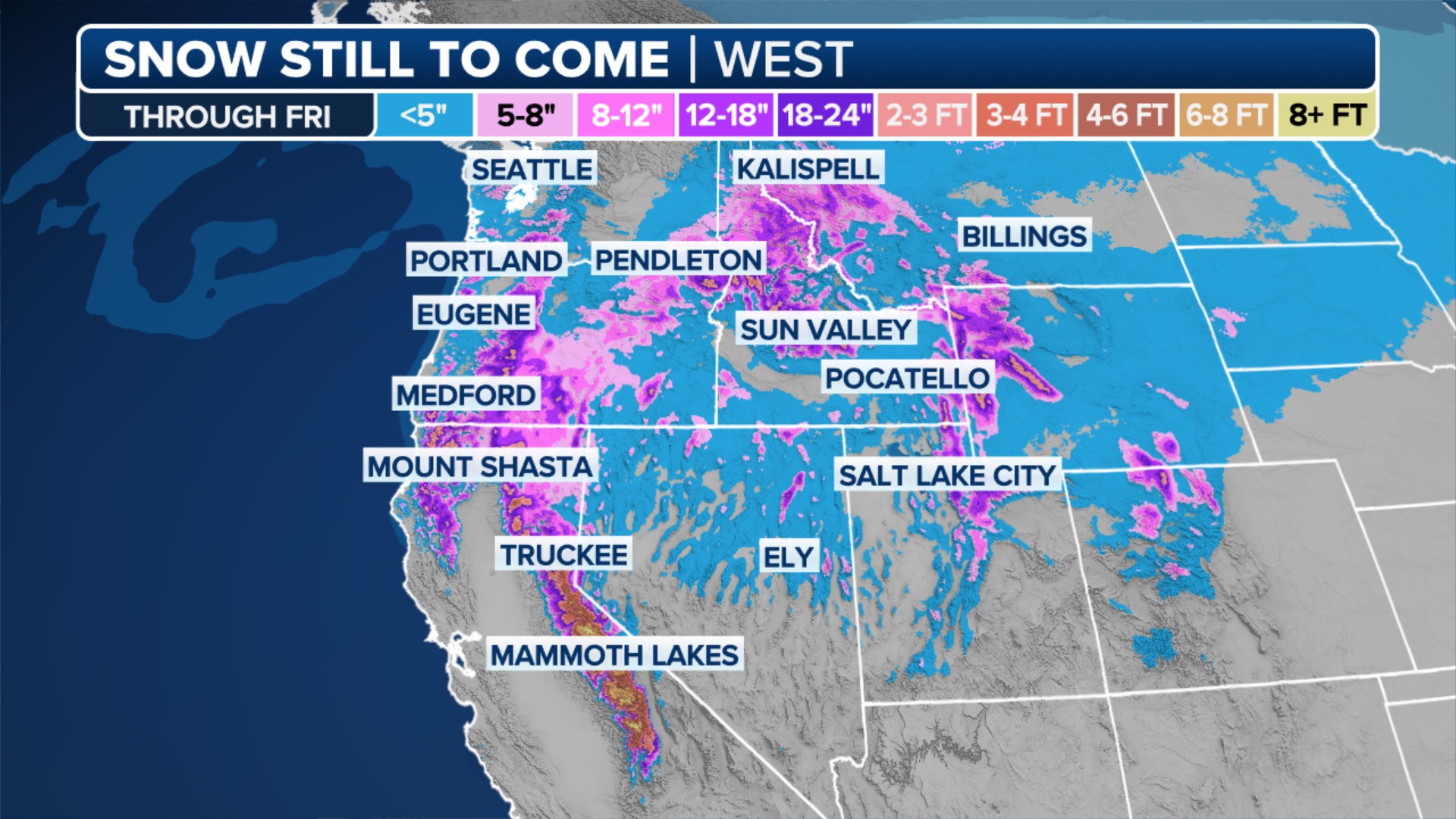 A look at the snow still to come along the West Coast through Saturday.