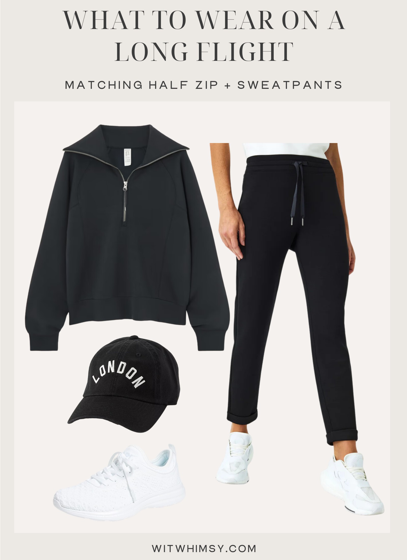 Overhead shot of a travel outfit featuring a black sweater, black Vuori joggers, and white sneakers, laid out on a white surface, showcasing a sporty and comfortable yet stylish travel ensemble