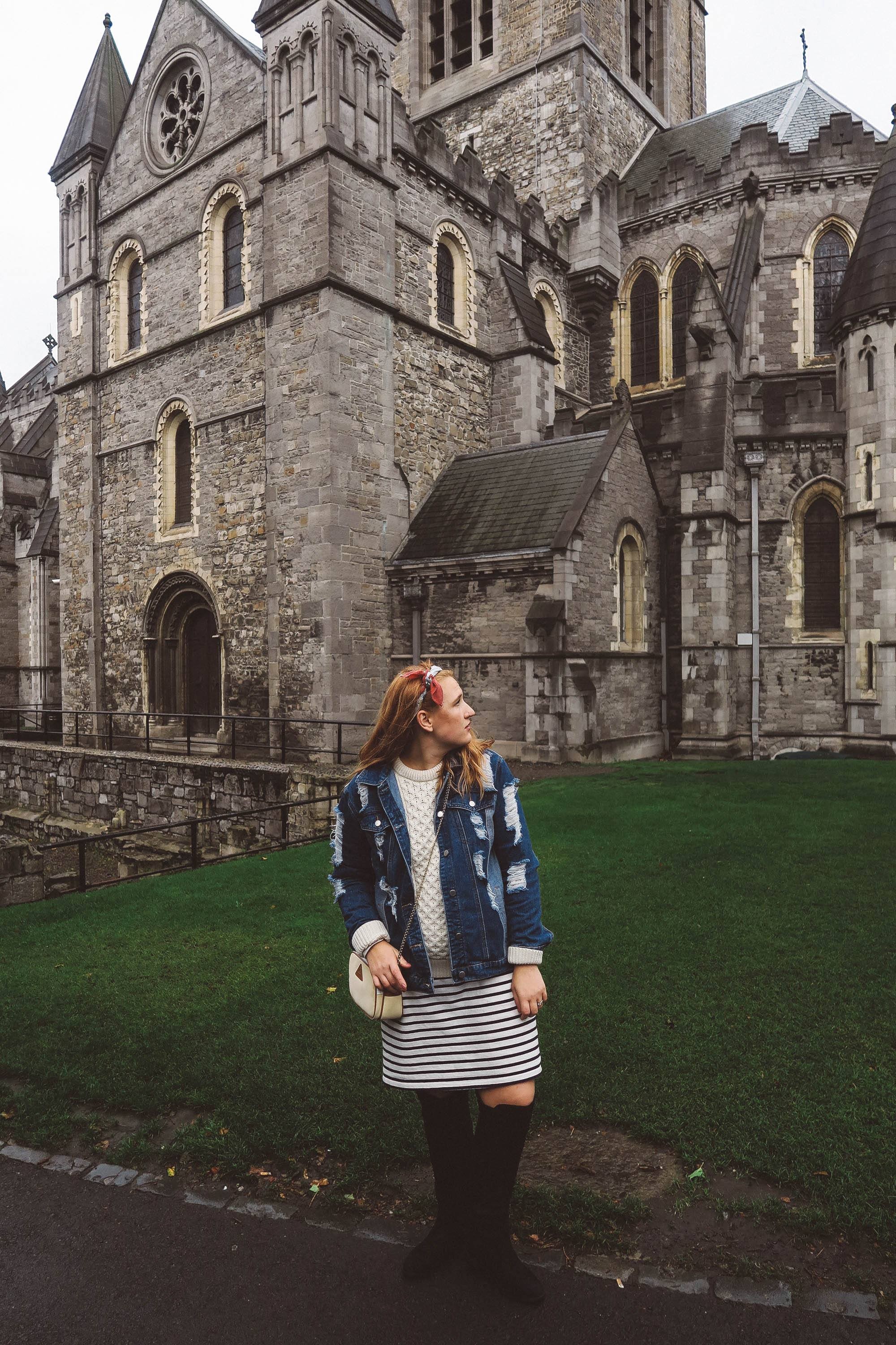 Street scene in Dublin with a woman wearing a denim jacket