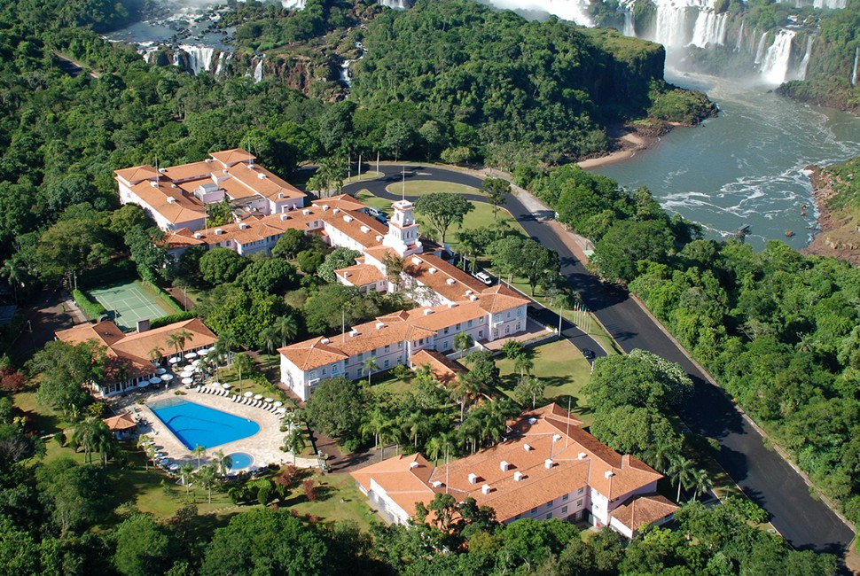 Aerial view of Hotel das Cataratas, A Belmond Hotel, Iguassu Falls showcasing its location near the waterfalls