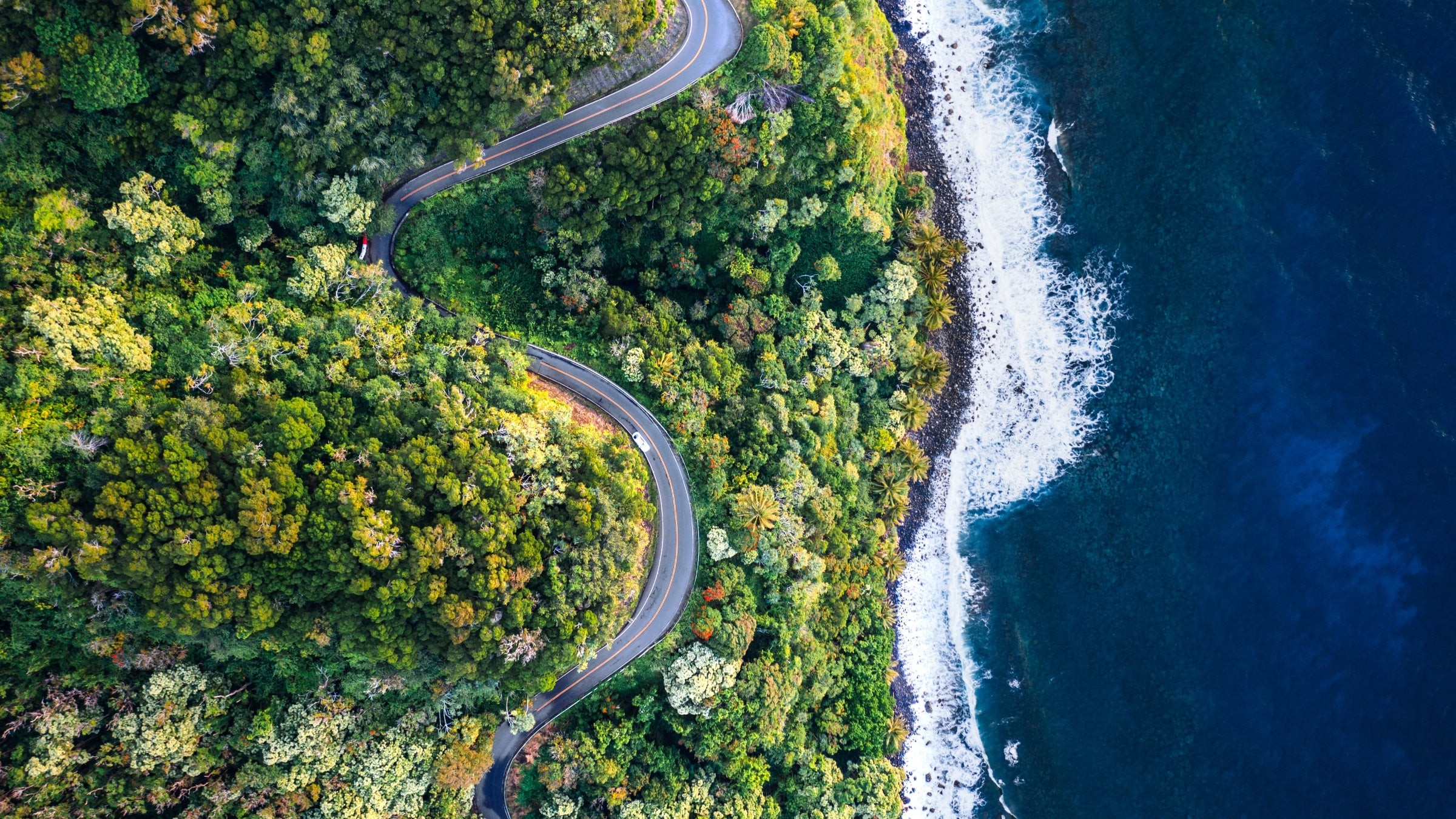 Aerial view of the S-shaped Road to Hana, Maui.