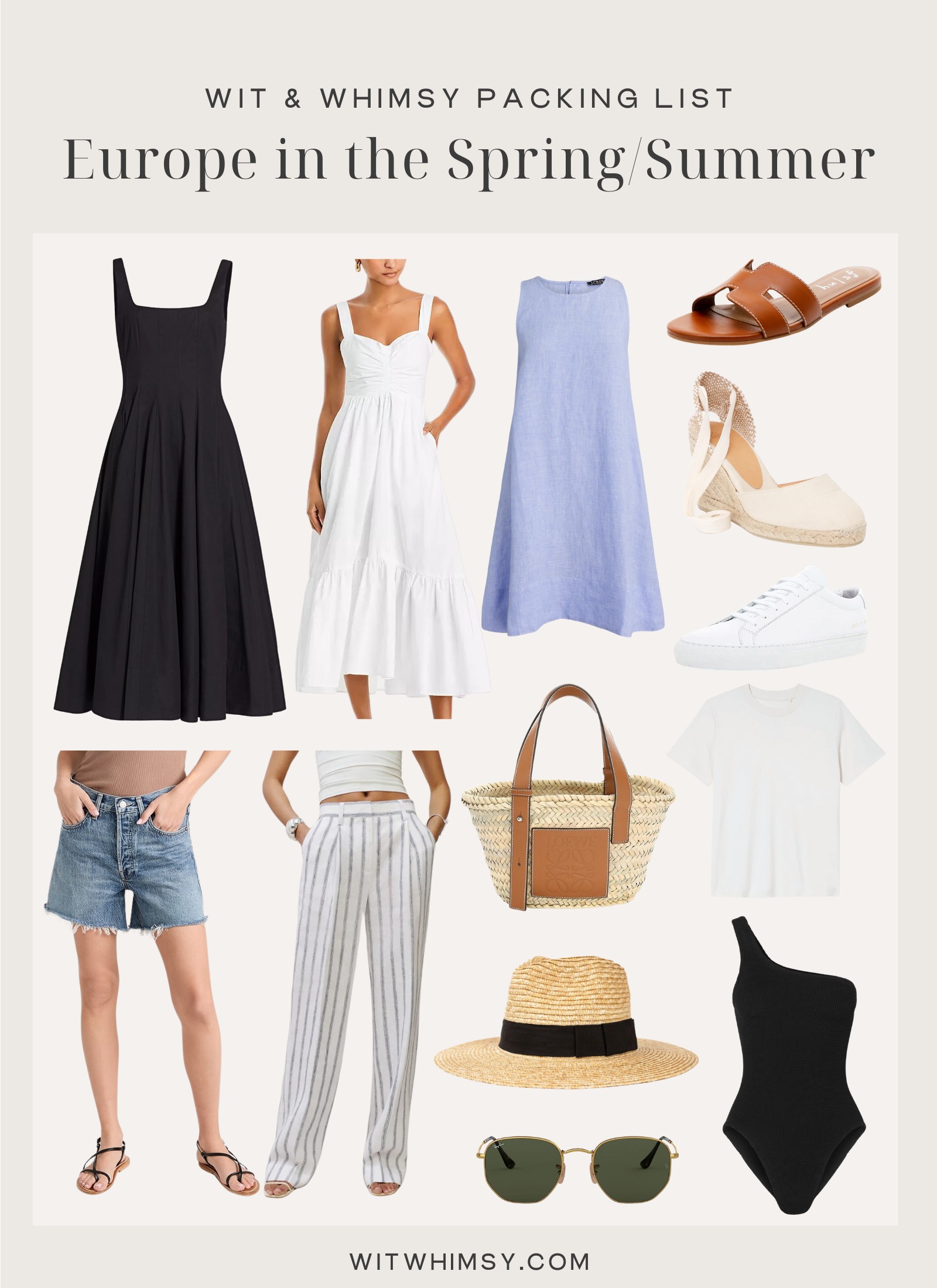 Collage of clothes and accessories for Europe Spring/Summer packing list