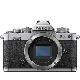 The Nikon Z fc camera is displayed against a white background, showcasing its retro design and modern features.