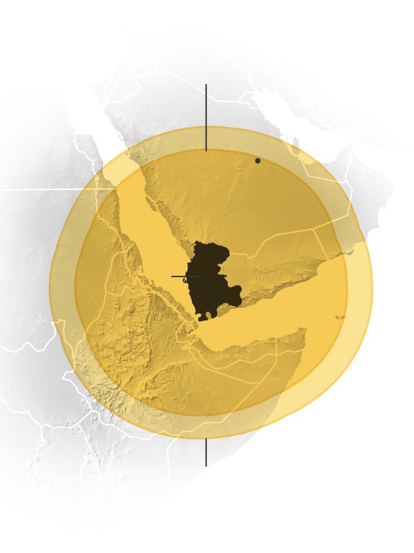 Estimated minimum and maximum range of Houthi missile