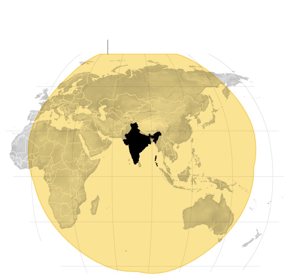 Estimated maximum range of Indian missile