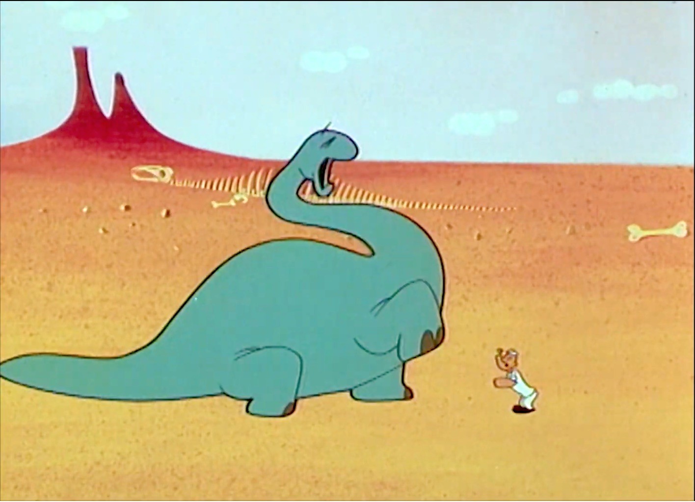 A brontosaurus cries out in pain at the tiny thorn in their paw: Popeye leans in, looking at this, dangerously small and close to being underfoot. Popeye cautiously examines the brontosaurus's injured paw, demonstrating compassion and a willingness to help, despite the size difference and potential danger.