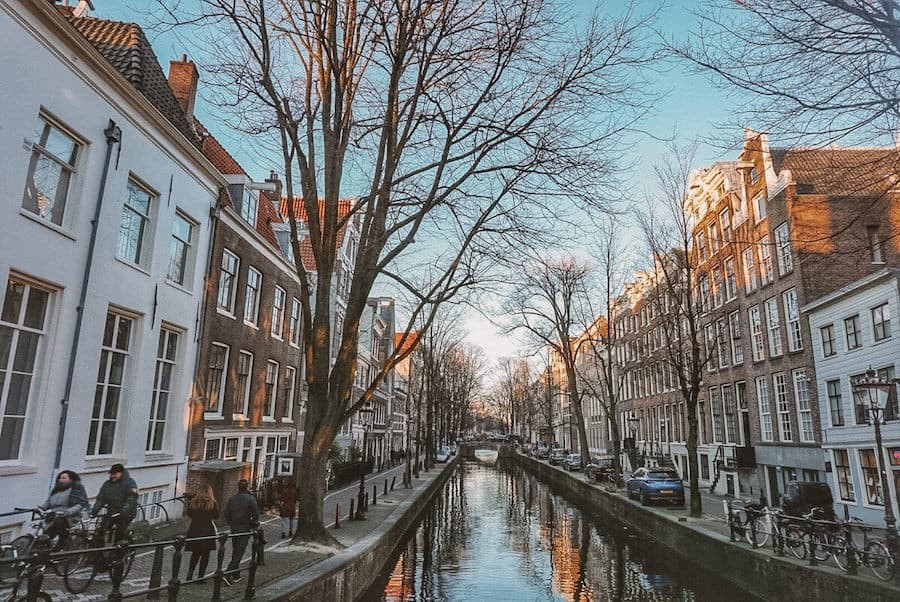 A canal in Amsterdam at twilight