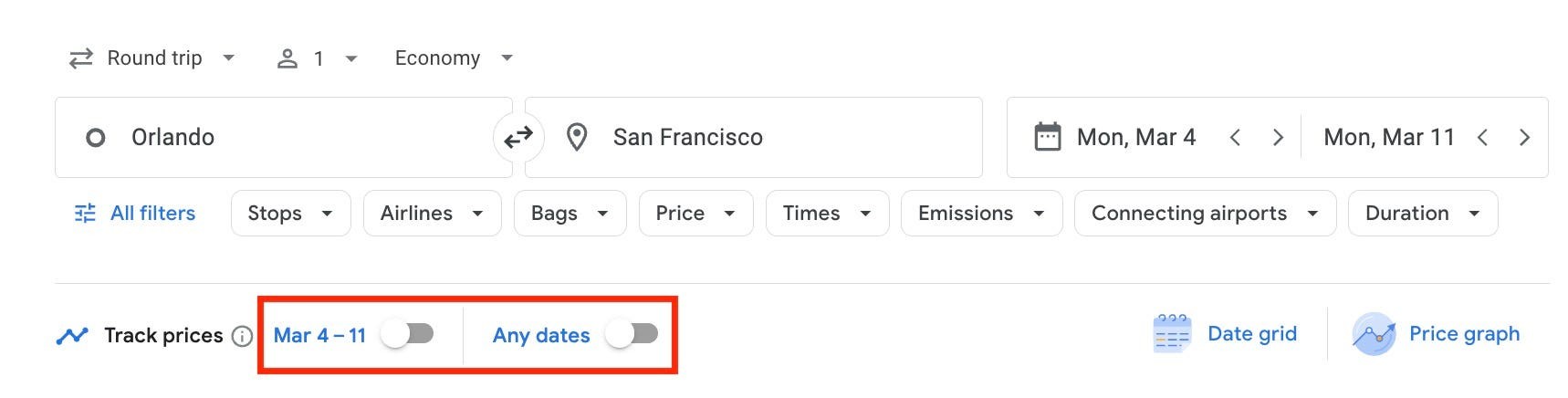 Google Flights price tracking tool