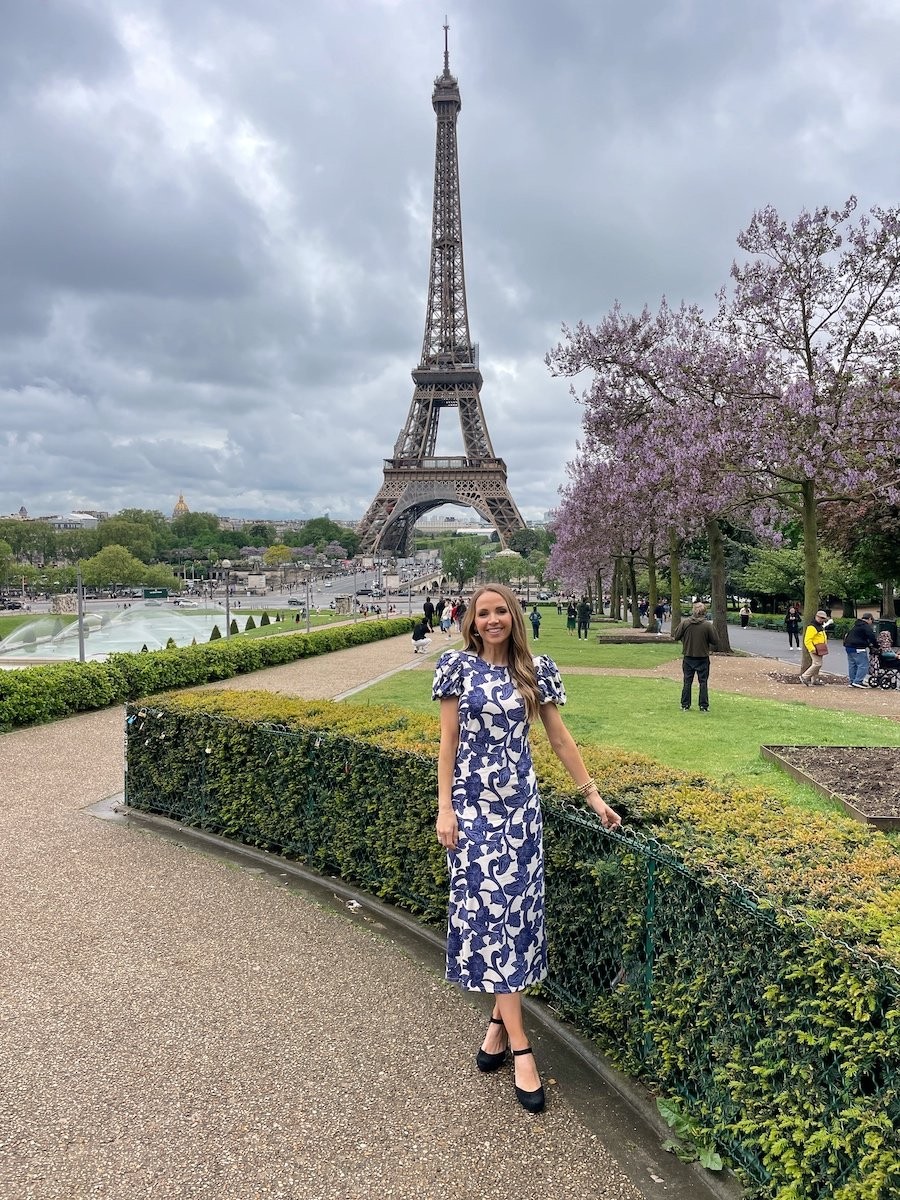 Woman in a Boden floral dress