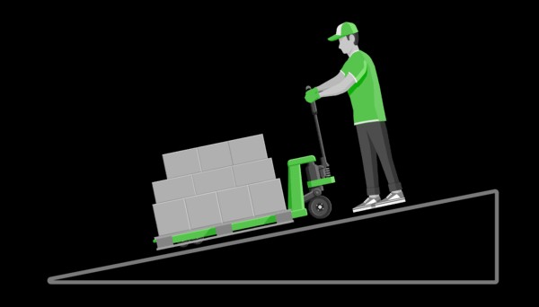 A cartoon worker pushing a hand pallet jack on a ramp