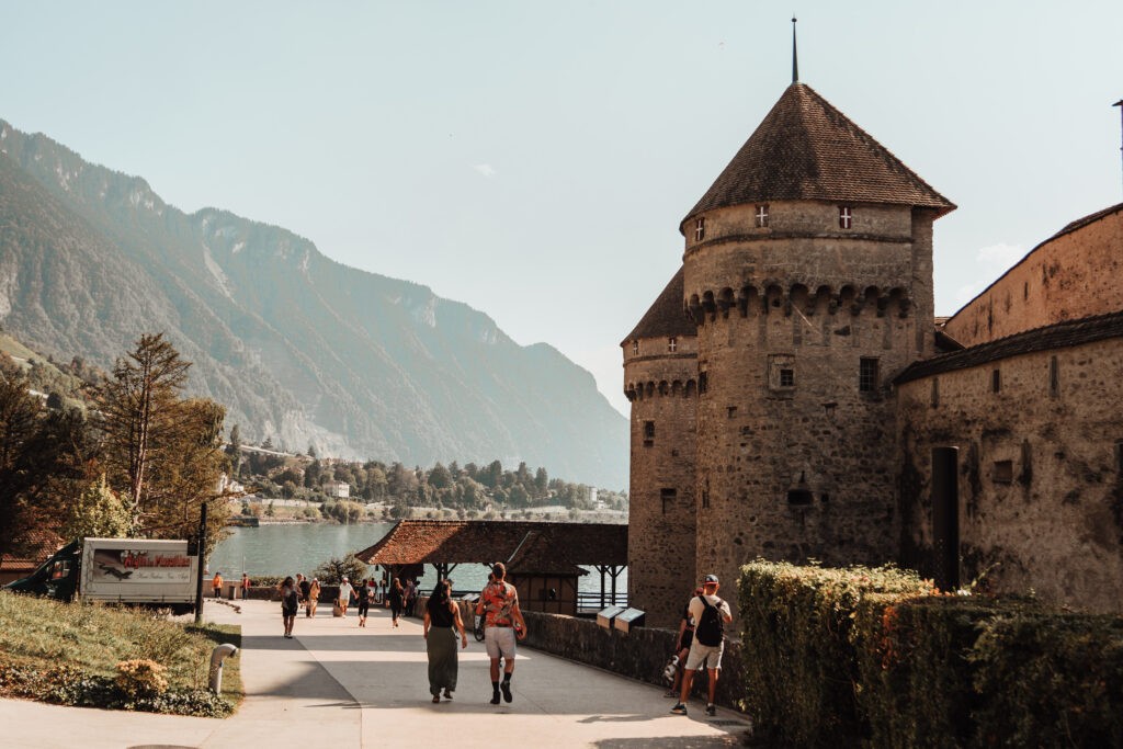 Chillon Castle in Montreux, exhibiting its historical architecture and picturesque lakeside setting.