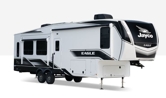A variety of Jayco travel trailers, including Jay Flight, Jay Feather, and Eagle, showcasing the range of sizes and styles available