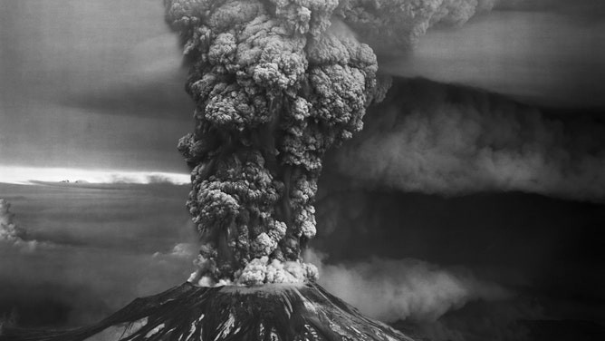 Mount Saint Helens viewed from the south, showing the rising column of dense ash