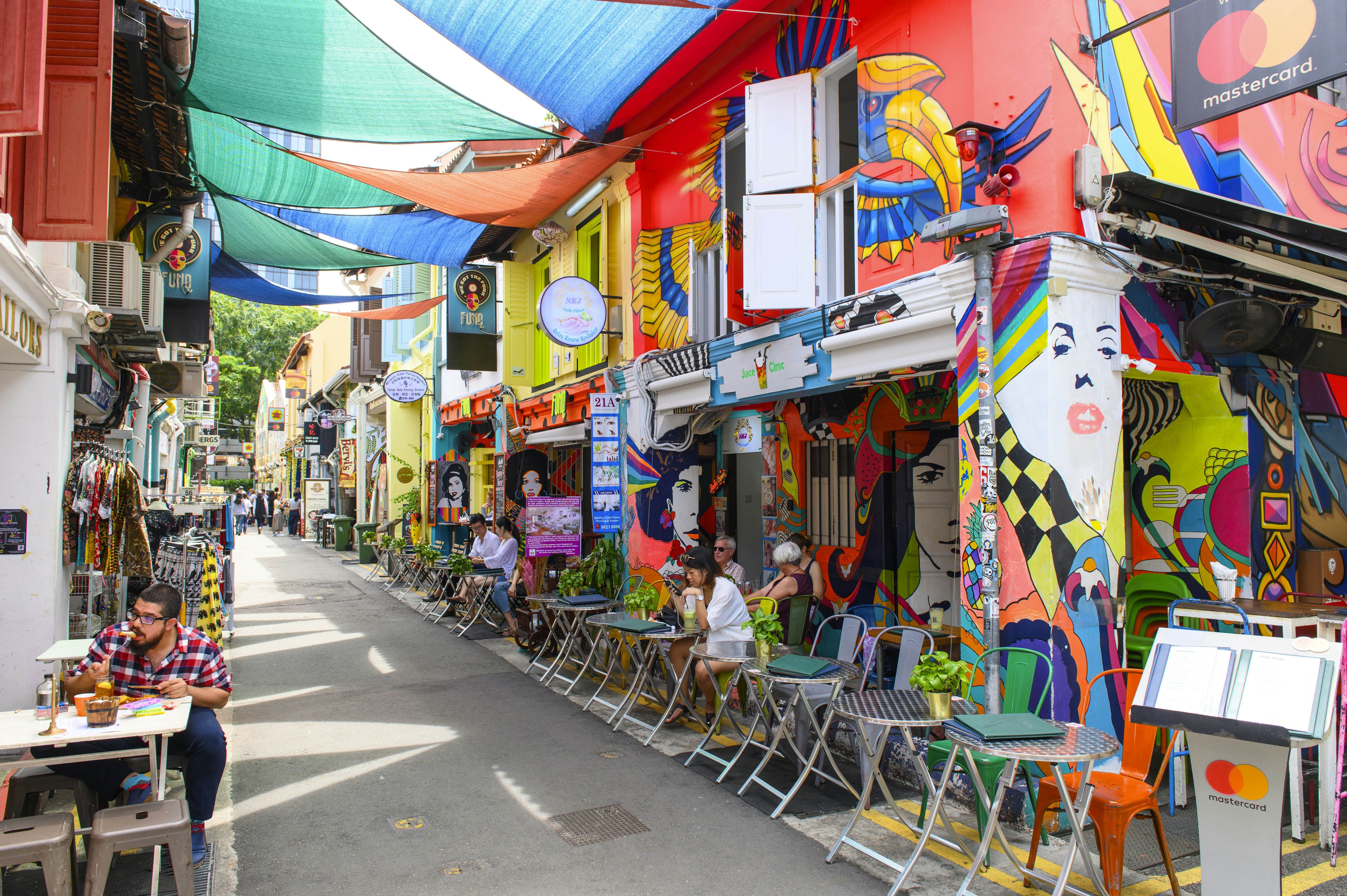Haji Lane in Kampong Glam, Singapore, known for its colorful cafes, restaurants, and shops.