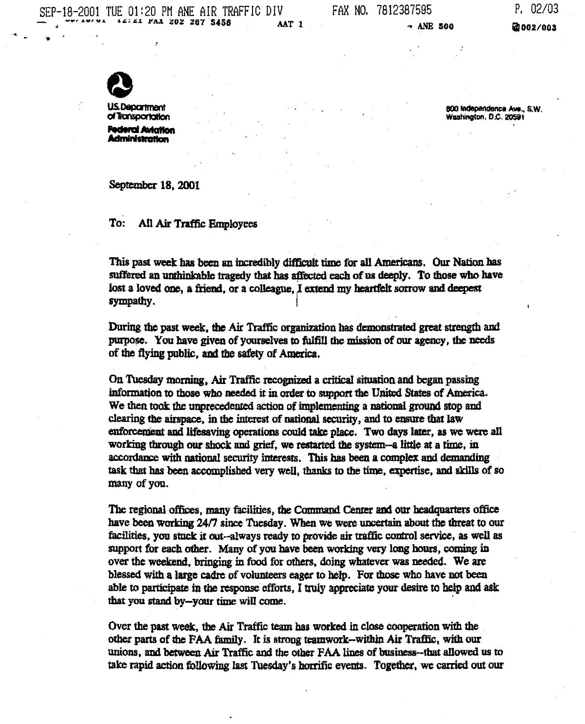 Memo to Air Traffic Control employees thanking them for their work during the shutdown