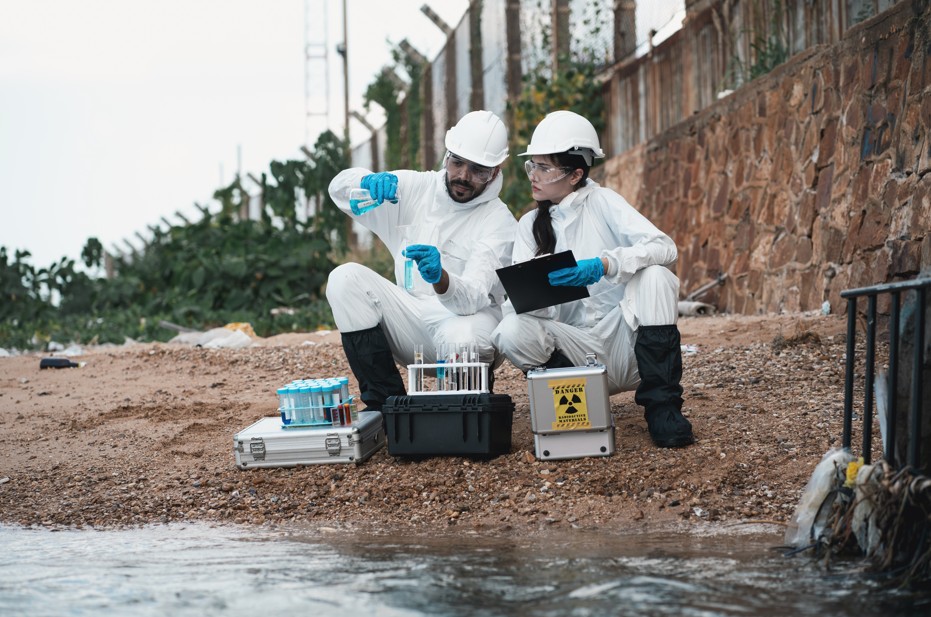 Scientist wear protection suit checking chemical and water analysis, demonstrating safety protocols
