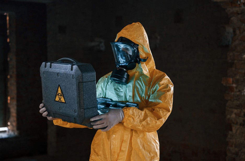 Man dressed in chemical protection suit, showcasing protective measures