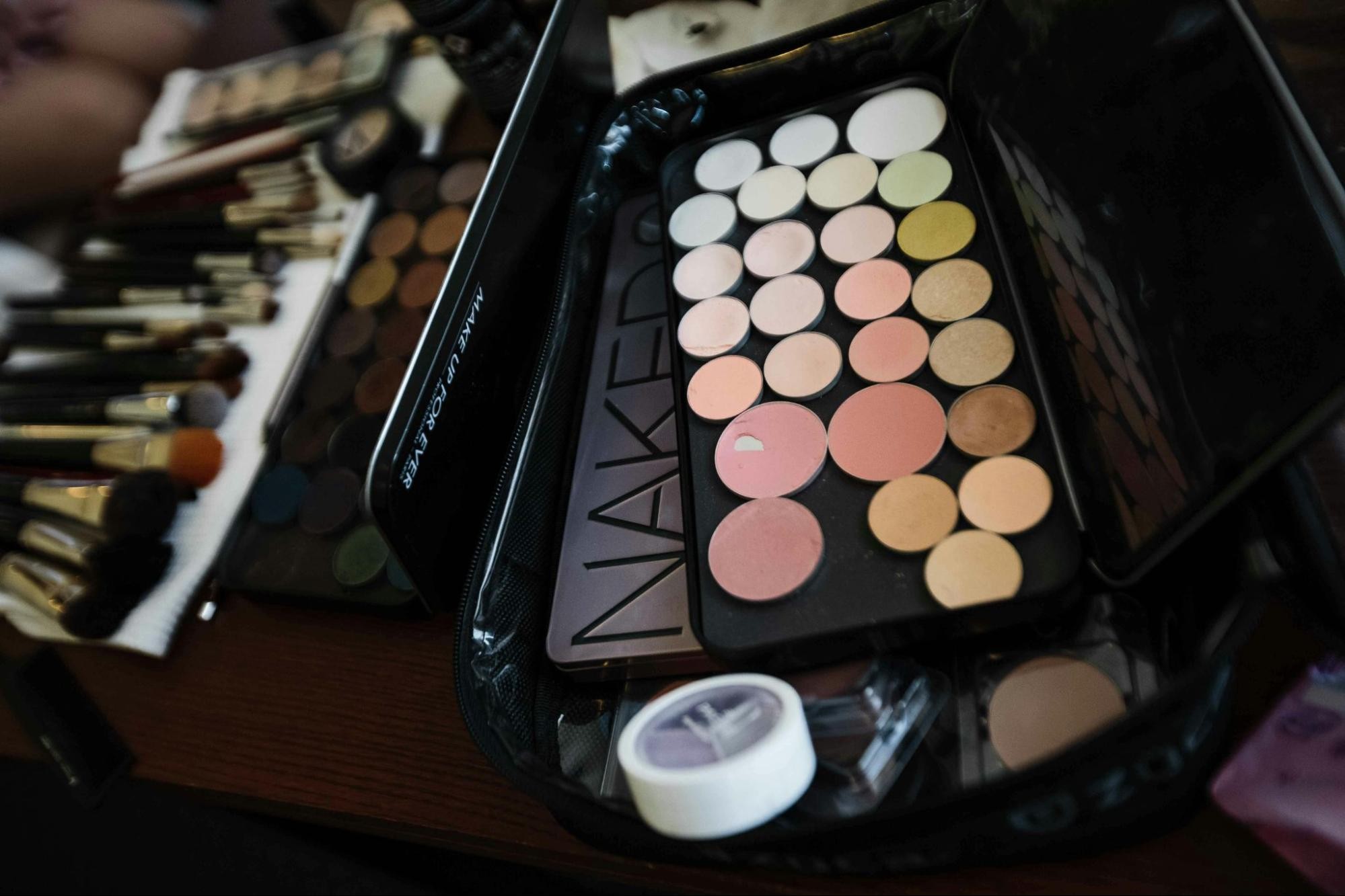 Makeup products in a cosmetic bag