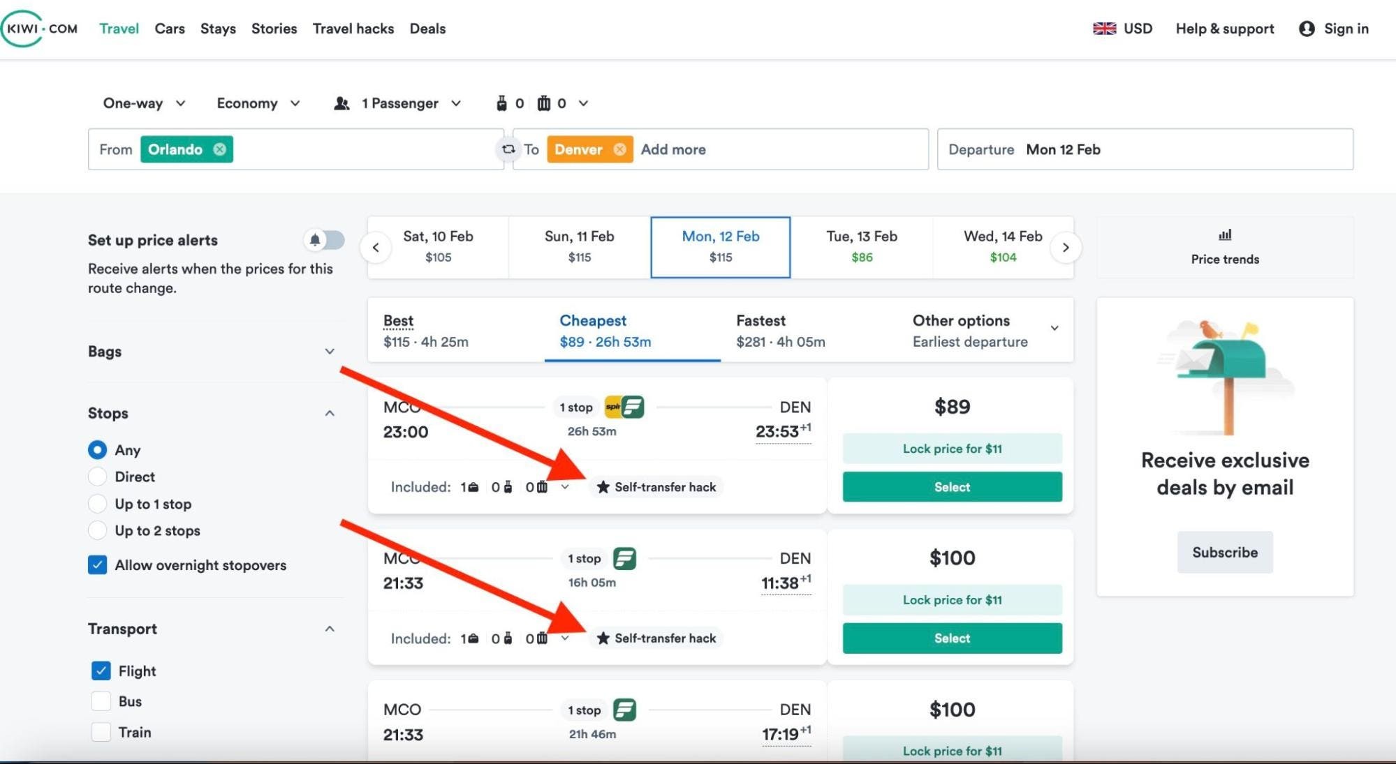 Kiwi self-transfer flight search result
