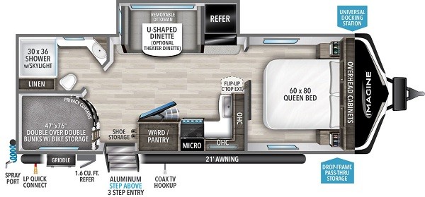 Interior of a Jayco travel trailer showing ample storage space, including cabinets and under-bed storage