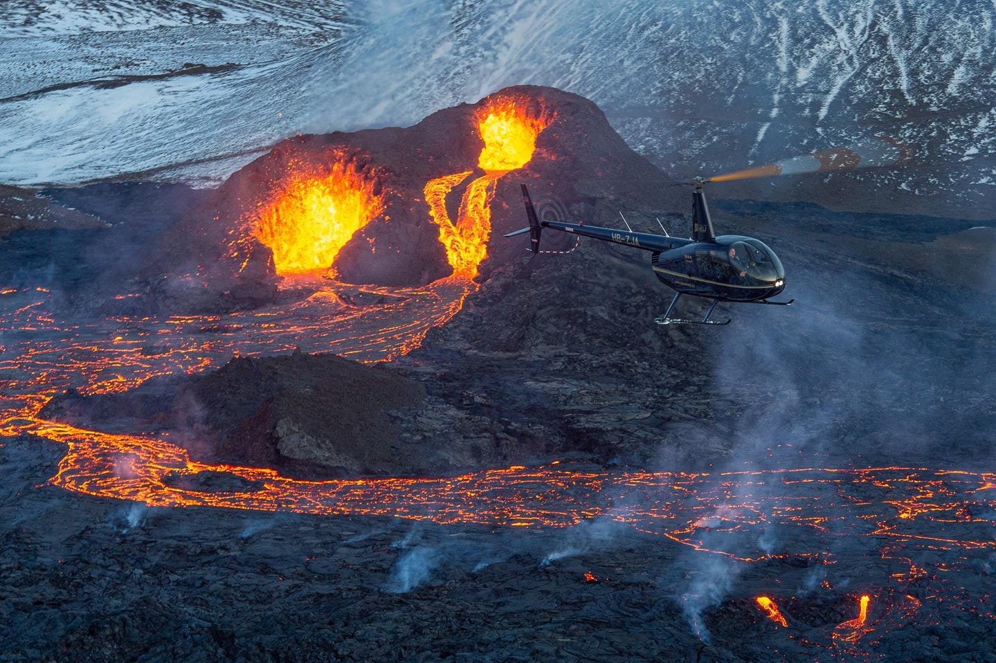 Helicopter tour over an active volcano in Iceland