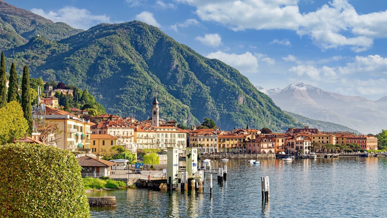 Lake Como with colorful villas and cypress trees