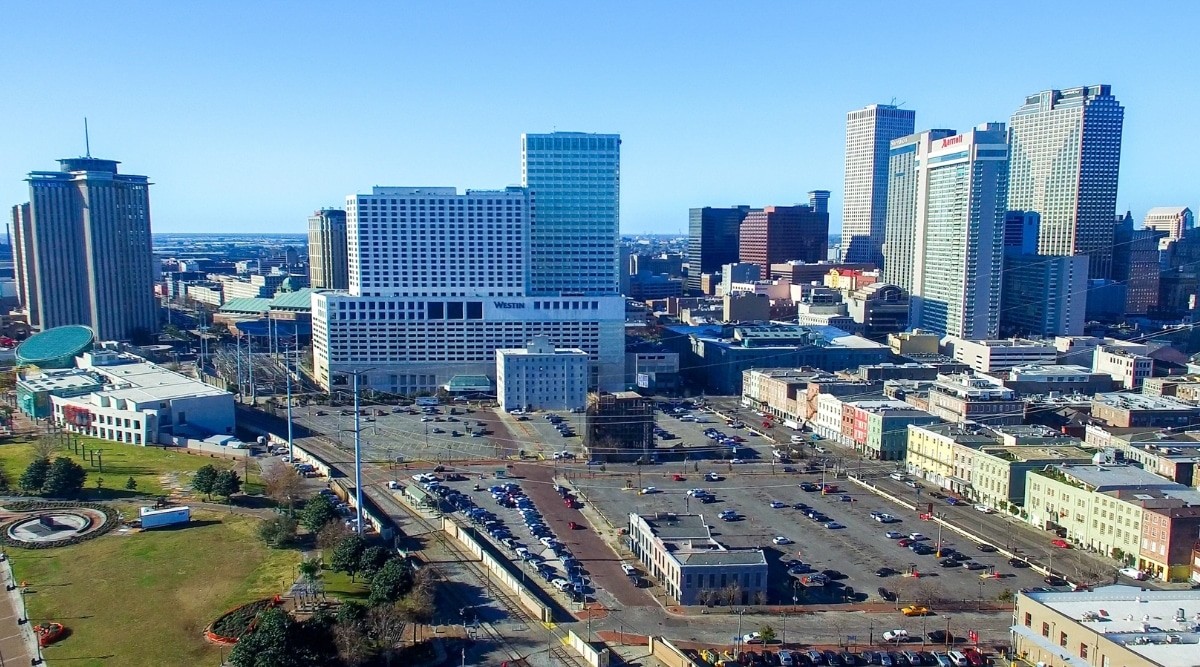 An aerial view of New Orleans, Louisiana, showing the cityscape and numerous buildings.