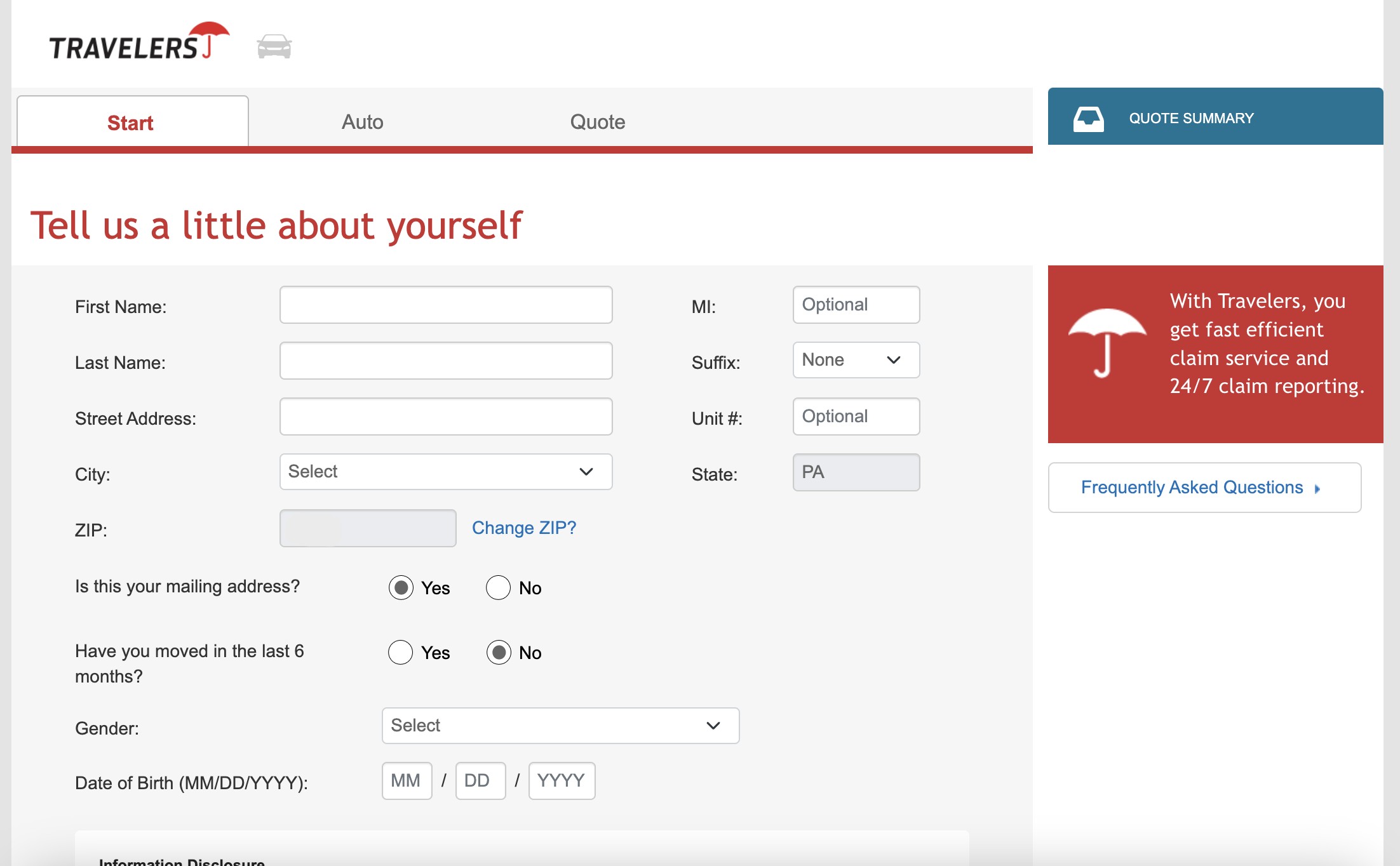 Travelers Quote Screen Tell us about yourself