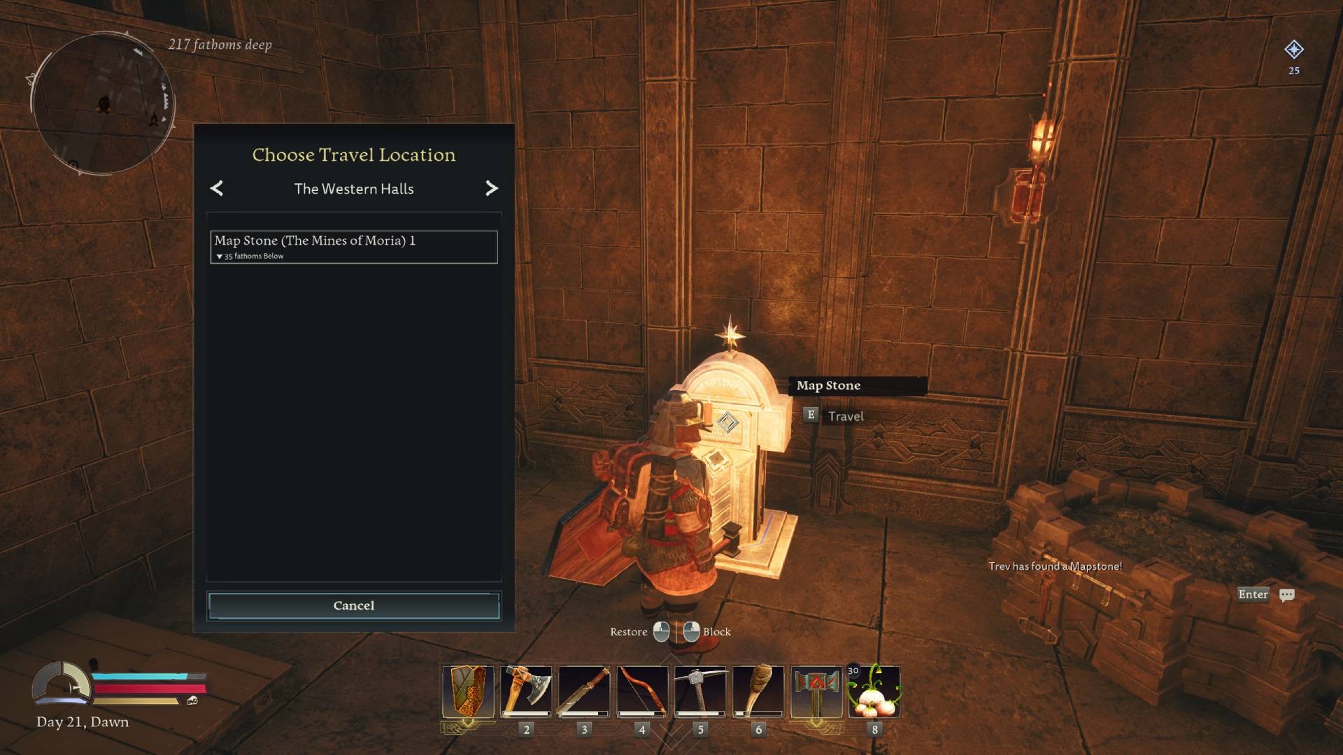 A dwarf interacts with a mapstone in Return to Moria to fast travel