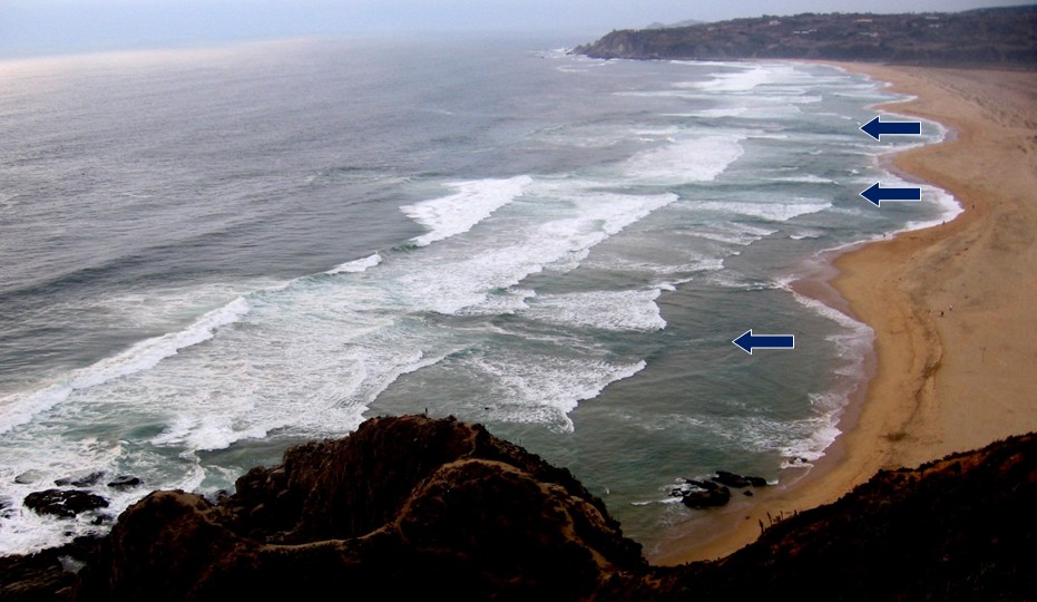 Rip currents on Tunquen Beach in central Chile, showing their formation in embayments