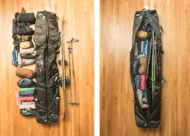 Carefully packed snowboard gear to protect delicate items