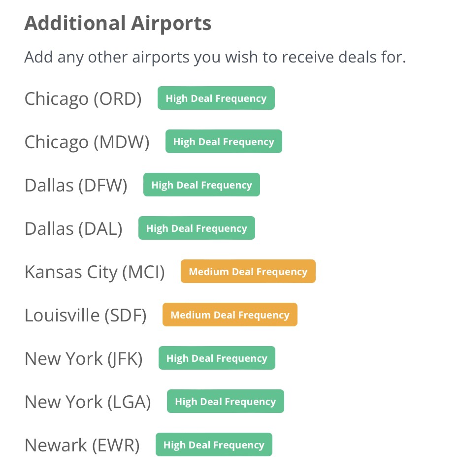 Selecting departure airports for flight deals