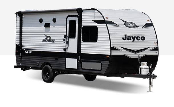 A variety of Jayco travel trailers, including Jay Flight, Jay Feather, and Eagle, showcasing the range of sizes and styles available
