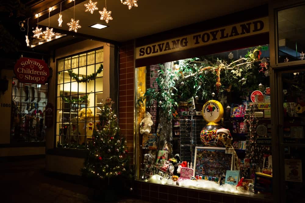 Solvang at Christmas, showcasing its Scandi-inspired architecture and festive decorations