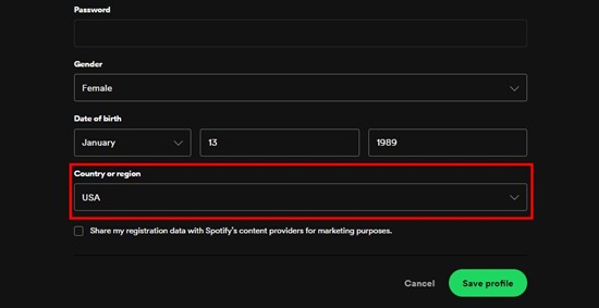 Spotify Account Profile Country or Region