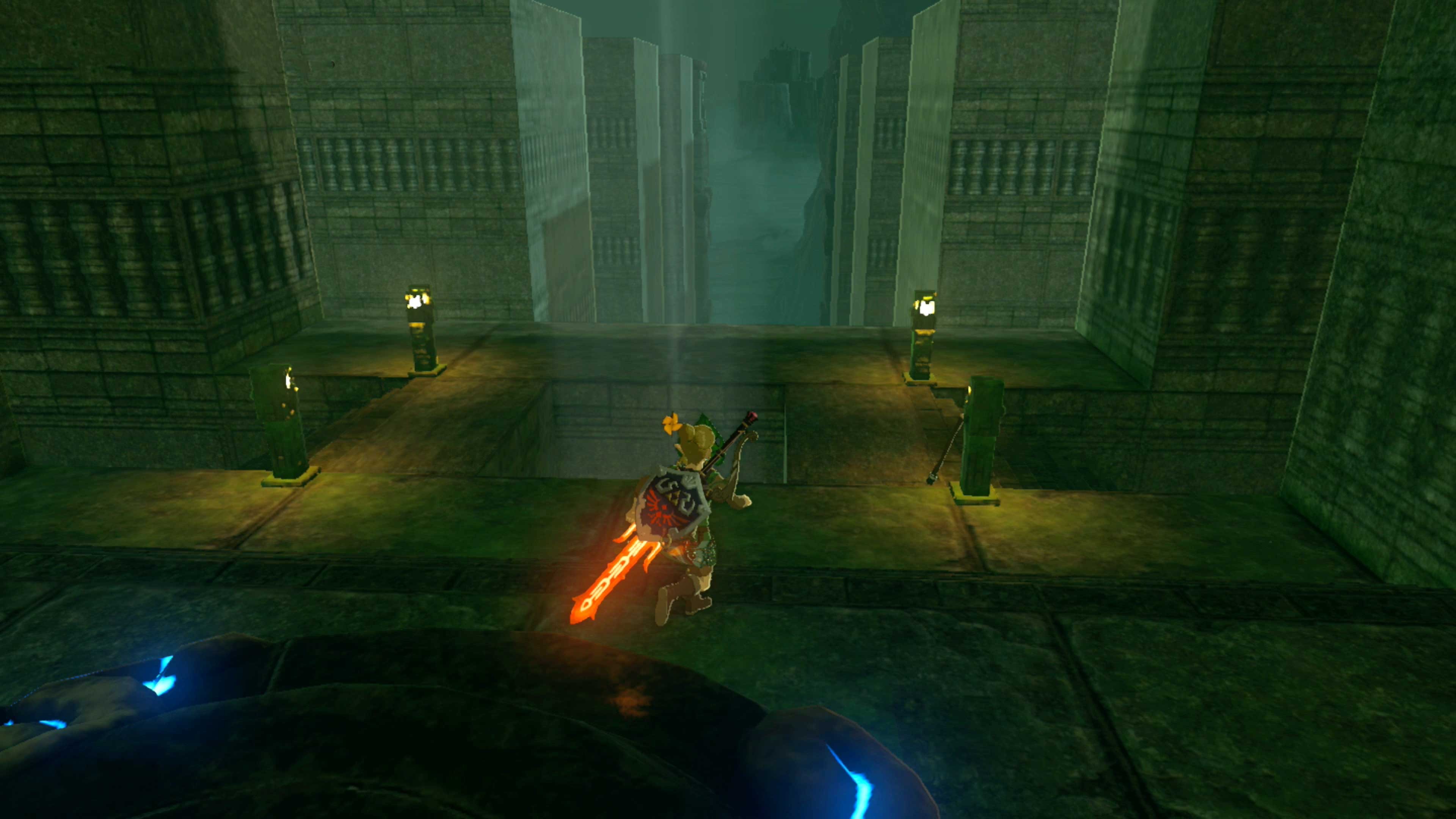 Link battling multiple Guardians in the underground chamber, using Ancient Arrows and the Master Sword.