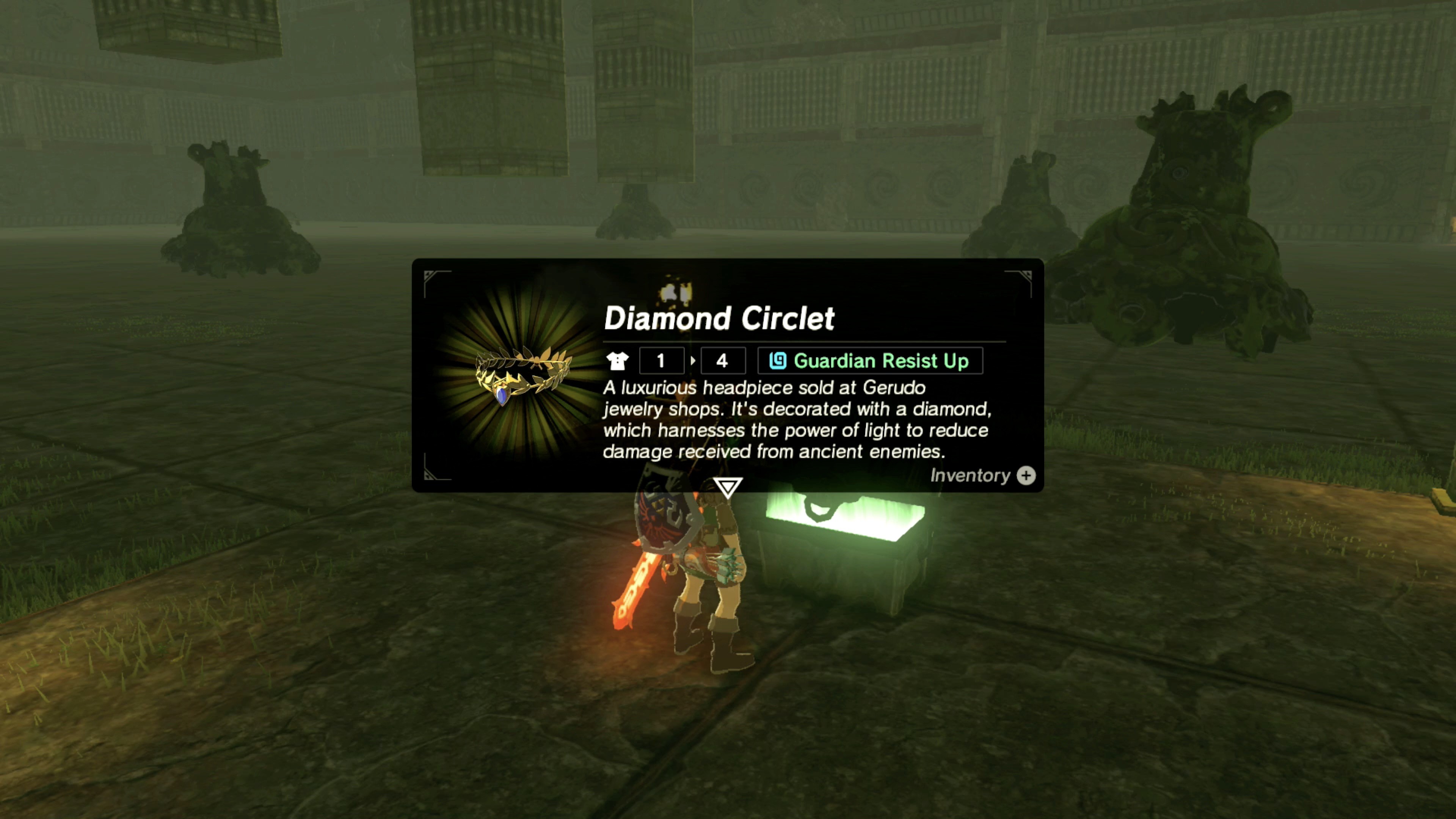 Link approaching the treasure chest containing the Travel Medallion, marked with an &quot;EX.&quot;