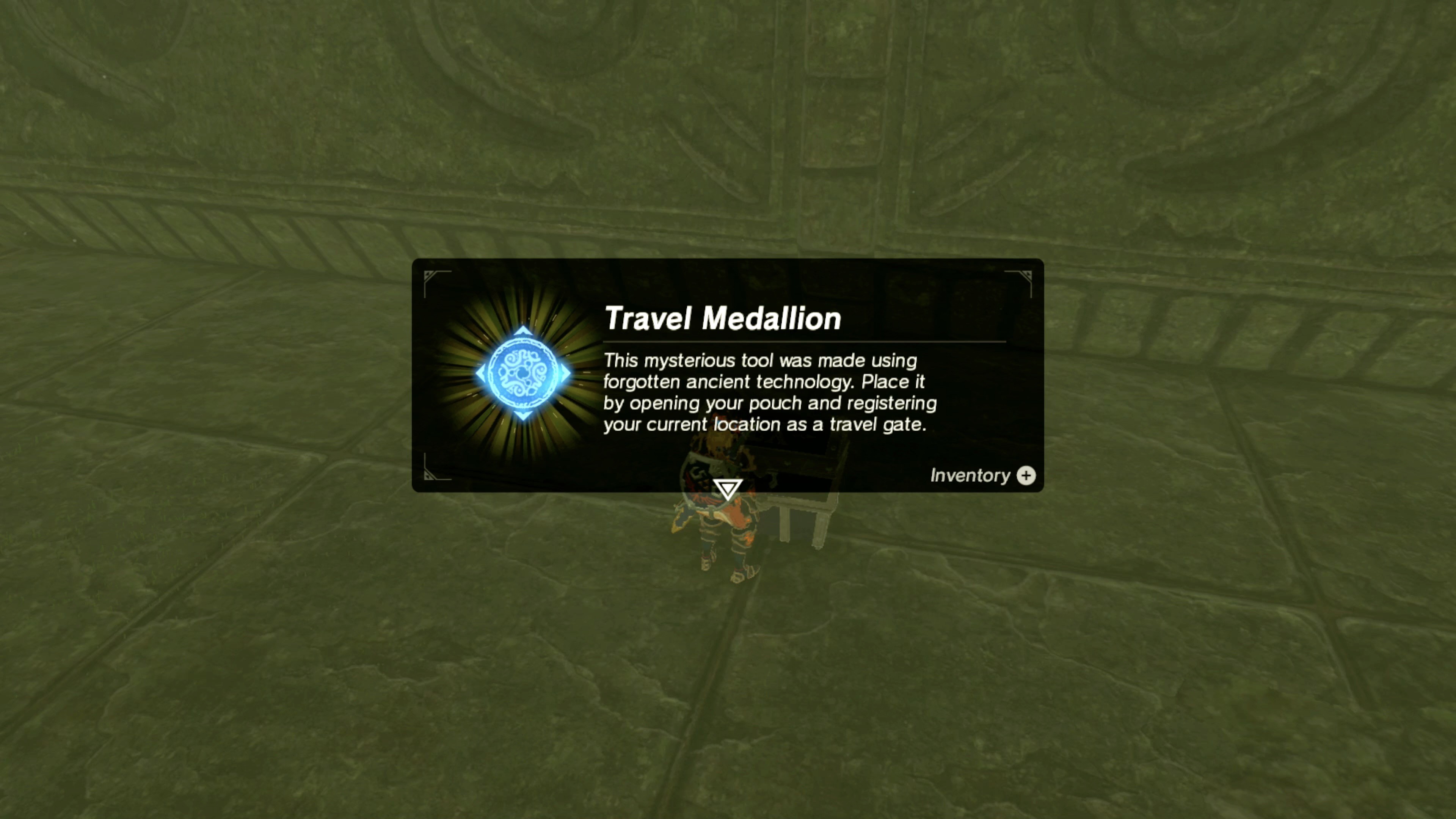 Link teleporting to a previously set Travel Medallion location near a shrine.