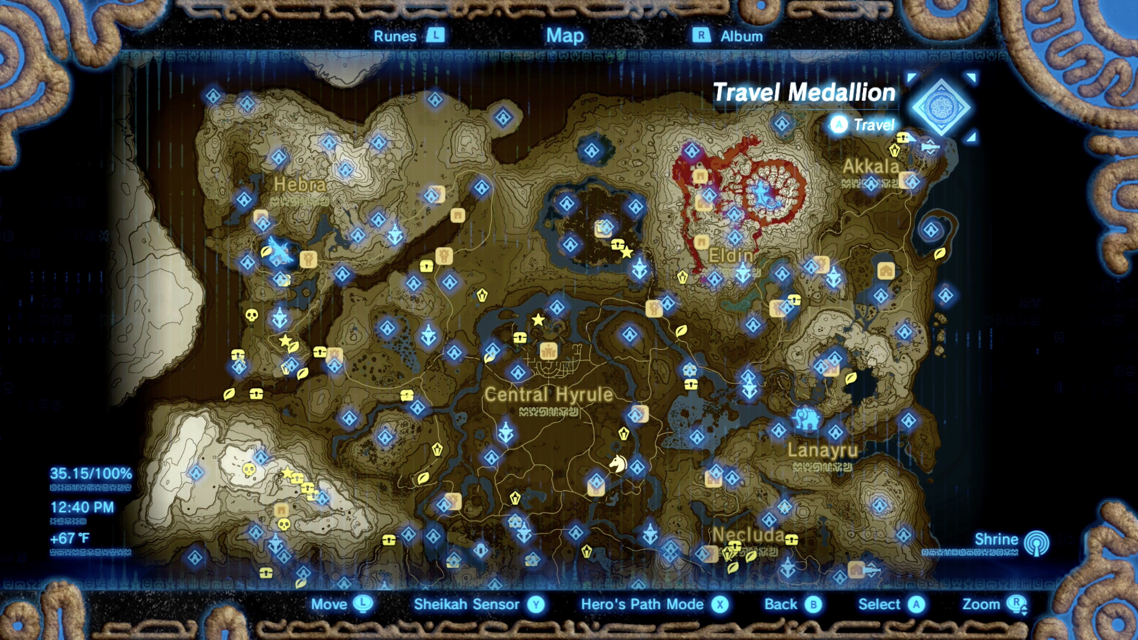 Link standing proudly in front of a shrine, ready to continue the adventure with the help of the Travel Medallion.