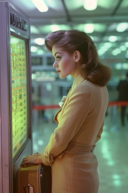 A young female professional, looking pensive and prepared, standing in an airport terminal with a suitcase, considering domestic travel for a job.