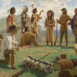 Lewis and Clark meeting Native Americans
