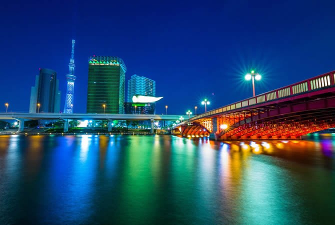 Sumida River night view with illuminated bridges