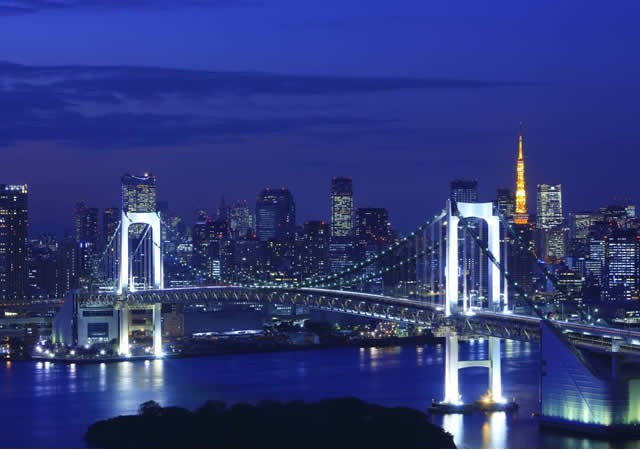 Odaiba night view with illuminated Rainbow Bridge