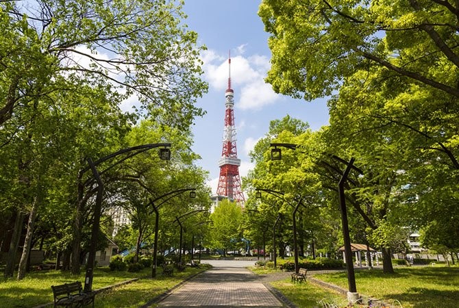 View from park near Tokyo Tower showcasing the city skyline