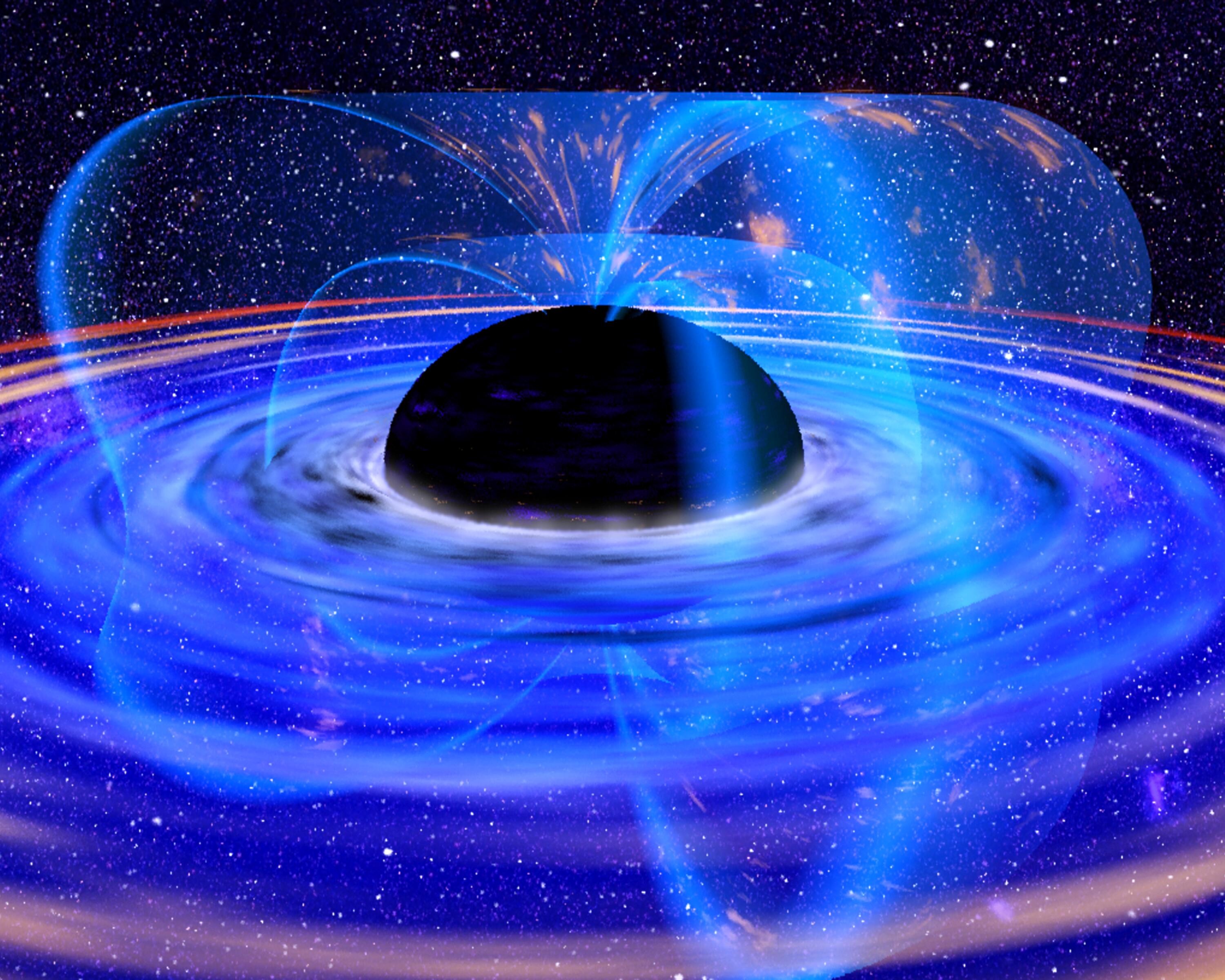 Theoretical illustration of a wormhole connecting two distant points in spacetime.