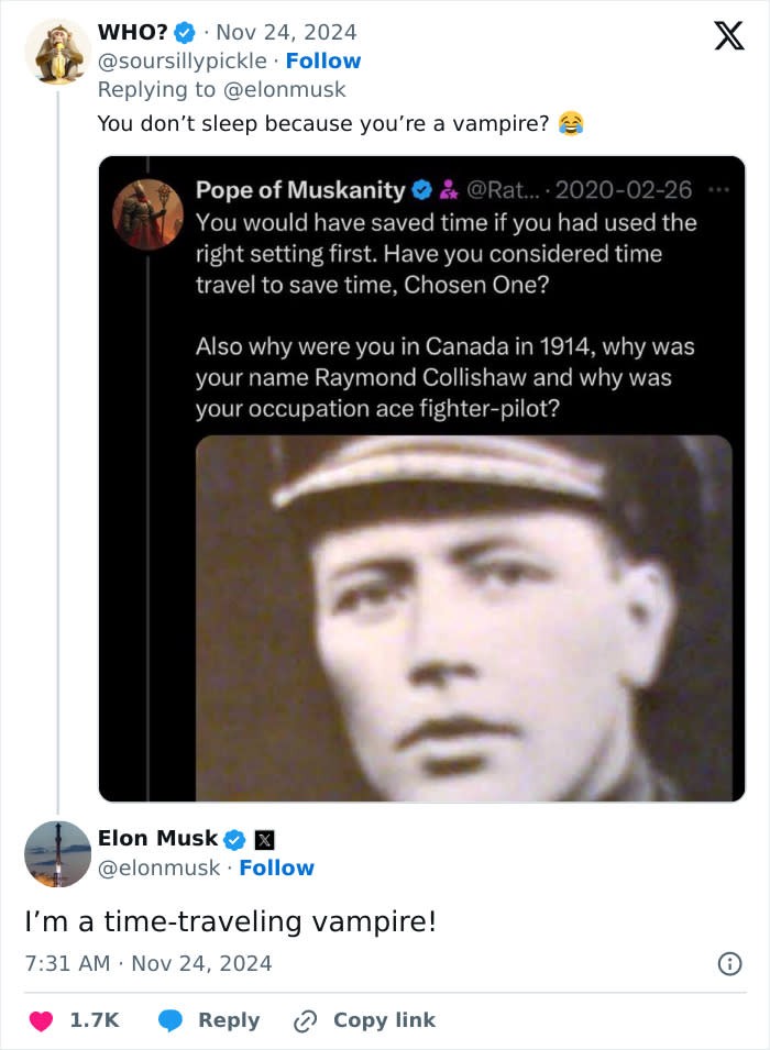 Elon Musk's updated X profile claiming verification since 3000 BCE, adding to the time traveler narrative