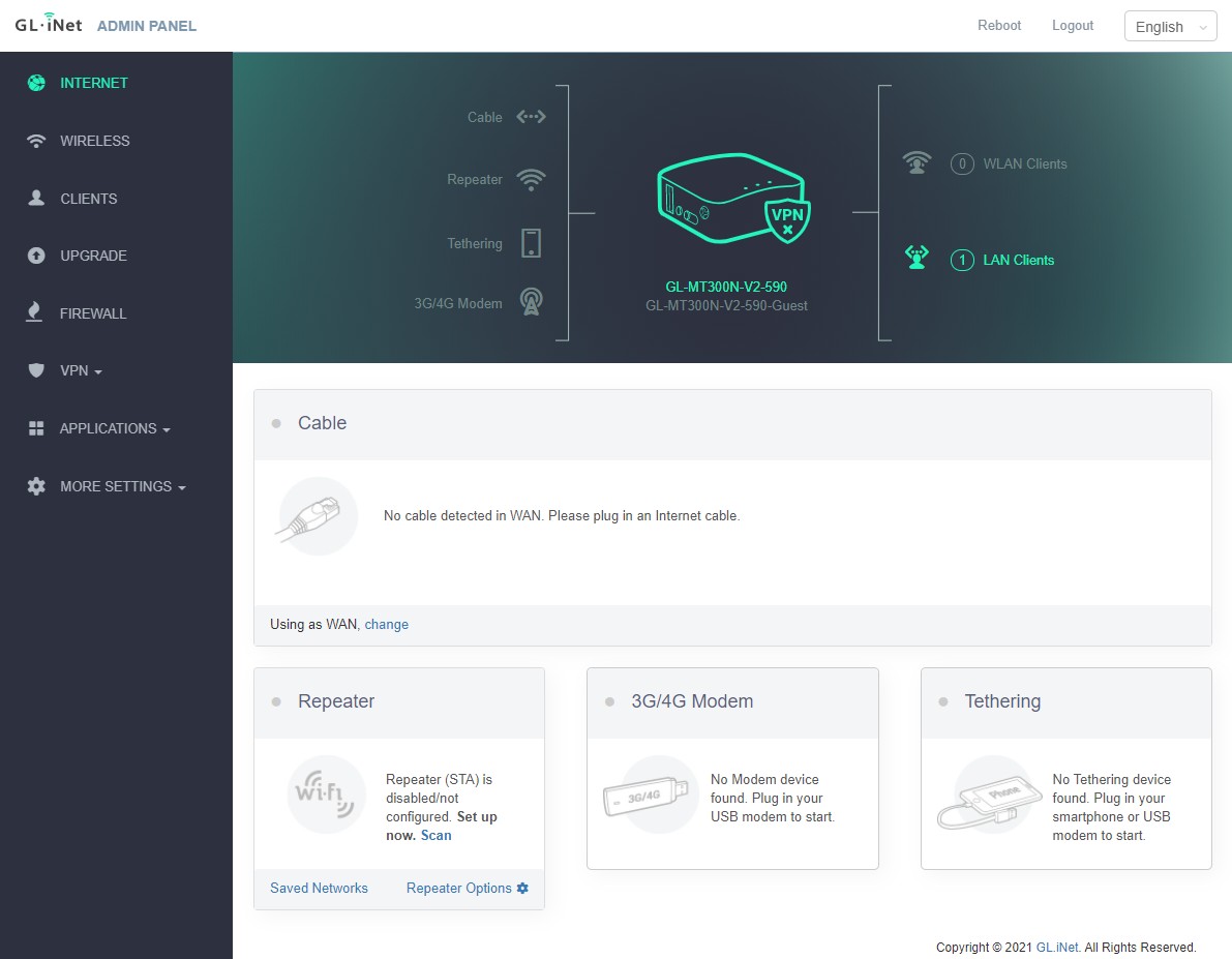 The GL.iNet router's admin panel dashboard