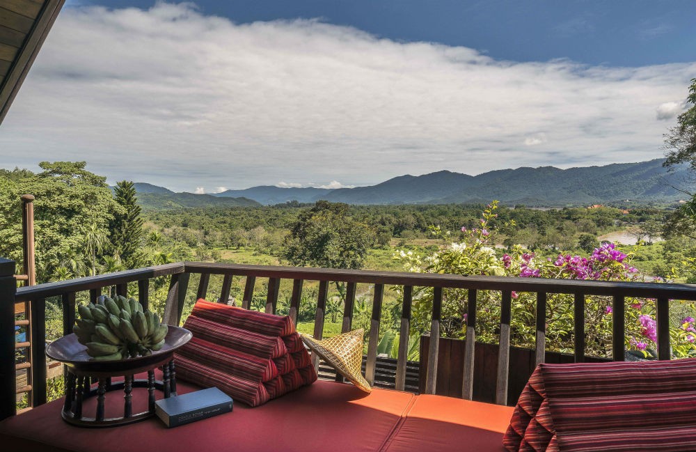 The view from Anantara Golden Triangle Resort in Chiang Rai, Thailand. The view is lush and green in the month of October.